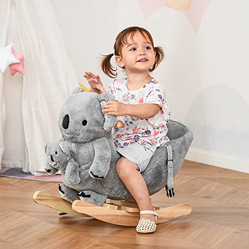 HOMCOM Caballito Balancín Infantil en Forma de Koala con Títere para Bebés 18-36 Meses con Sonido Cinturón de Seguridad y Reposapiés 60x33x50 cm Gris