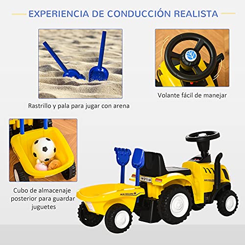 HOMCOM Tractor para Niños de 12-36 Meses con Remolque Extraíble Coche Correpasillos con Bocina Faros Pala y Rastrillo Carga 25 kg 91x29x44 cm Amarillo