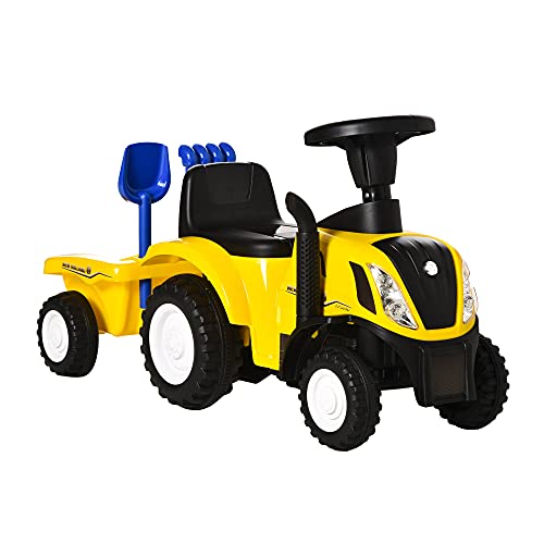 HOMCOM Tractor para Niños de 12-36 Meses con Remolque Extraíble Coche Correpasillos con Bocina Faros Pala y Rastrillo Carga 25 kg 91x29x44 cm Amarillo