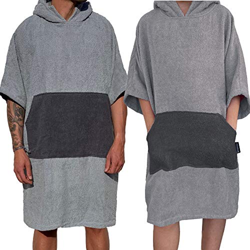 Homelevel Poncho de Surf para Hombre y Mujer, 100% algodón, de Playa, de baño, Toalla de Mano, Capa, Toalla de baño con Capucha, colorgris Claro/Gris Oscuro, tamaño Large/Extra-Large