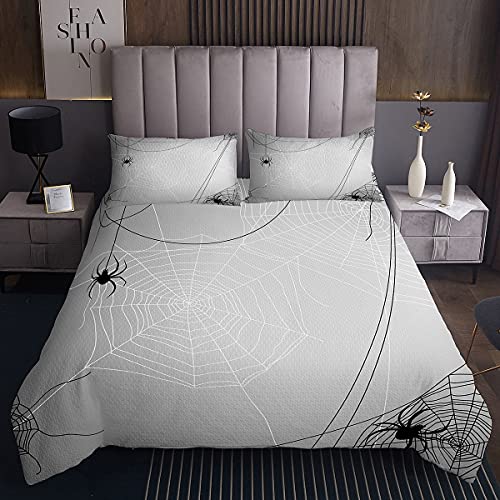 Homemissing Colcha de tela de araña acolchada con diseño de arañas colgando de Webs Coverlet negro blanco funda de cama de 3 piezas tamaño doble