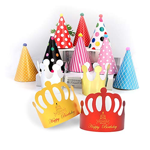 HONGECB Sombreros de Papel del Fiesta de Cumpleaños, Gorros Forma Cónica con Poms, Tapa de Corona de Varios Color y Tamaños Para Los Cabritos y Los Adultos, Favores de la Fiesta