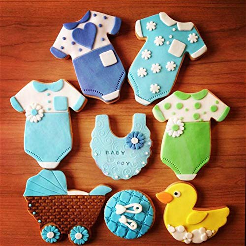 HONYAO Moldes de Galletas para Fiesta Infantil - 5 Piezas Juego de Cortadores de Galletas - Onesies, Bib, Biberón, Caballo Mecedor y Huella - Acero Inoxidable