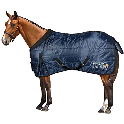 Horses, Manta de Invierno para Caballo Thermo 350g, Acolchada, Suave y Cómoda, con Cuello Redondo y Cobertor de Cola Anti-Rizado, Azul, 145 cm
