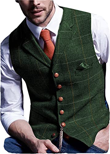 HSLS Chaleco de traje de espiga para hombre Chaleco de vestir de tweed de corte ajustado Chaleco de lana a cuadros(L, Verde)