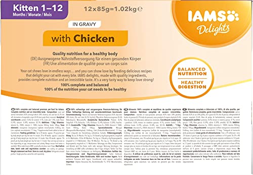 IAMS Delights Alimento húmedo en salsa, para gatitos con pollo, 12 x 85g
