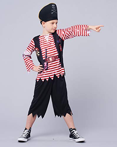 IKALI Disfraz Pirata niños, Chicos Calaña de Caribe Rayas Fancy Dress, Capitán Jack pretender Vestuario