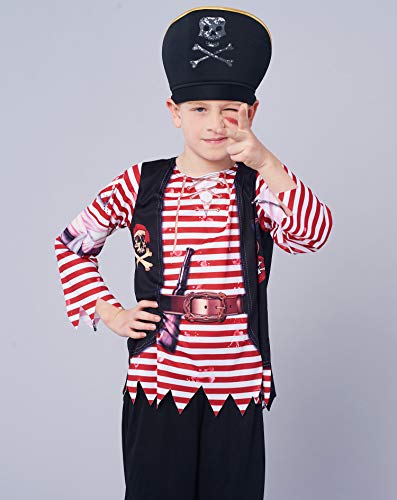 IKALI Disfraz Pirata niños, Chicos Calaña de Caribe Rayas Fancy Dress, Capitán Jack pretender Vestuario