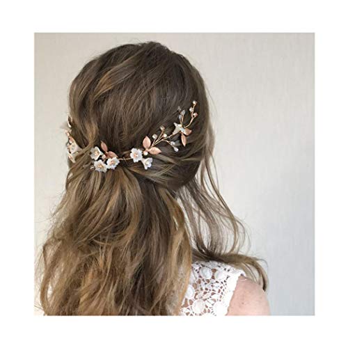 IYOU diadema nupcial con diseño de flores y perlas vides de pelo de hojas accesorios para el cabello de novia para mujeres y niñas (oro rosa)