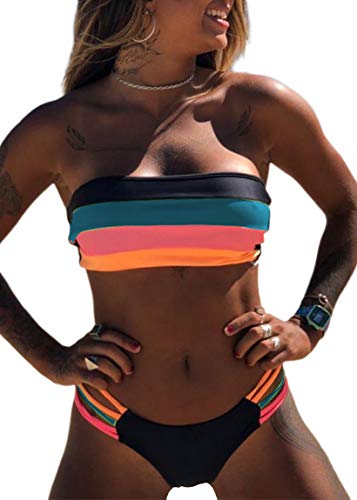 JFAN Mujer Conjunto de Bikini Dividido Colorido Rayas Sin Tirantes Cosido Sujetador Acolchado Sin Respaldo Push-up Bikinis Bottoms Ropa de Playa Traje de Baño(Azul Rosa,S)