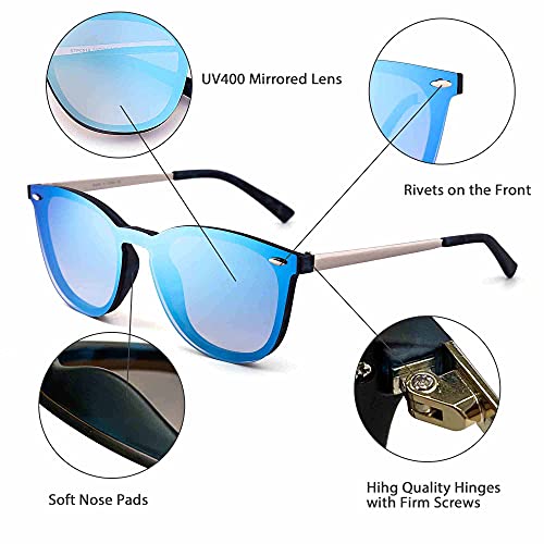 JIM HALO Gafas de Sol Sin Montura Una Pieza de Espejo Reflexivo Anteojos Para Hombre Mujer(Negro Mate/Azul Espejo)