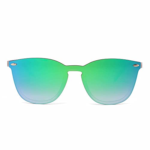 JIM HALO Gafas de Sol Sin Montura Una Pieza de Espejo Reflexivo Anteojos Para Hombre Mujer(Transparente Mate/Verde Espejo)