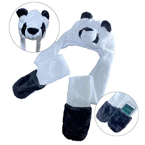 JK Home Conjunto de gorro, guantes y bufanda, diseño de dibujos animados de forro polar 3 en 1, gorros de animales, bufanda, guantes con bolsillos, sudadera con capucha y orejeras
