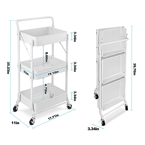 johgee Carro Plegable de Metal para Uso General de 3 Niveles, fácil Montaje Carro Organizador de Almacenamiento multifunción móvil Plegable para el hogar, la Oficina, al Aire Libre(Blanco)