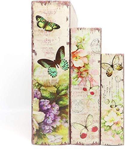 Jolitac Cajas decorativas para libros con patrón antiguo, caja invisible con tapa magnética, juego de 3 unidades de almacenamiento (mariposa)