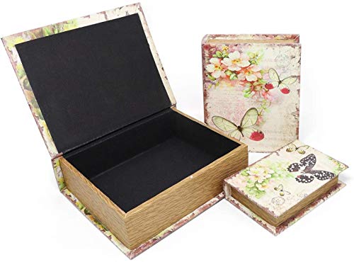 Jolitac Cajas decorativas para libros con patrón antiguo, caja invisible con tapa magnética, juego de 3 unidades de almacenamiento (mariposa)
