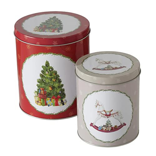 Juego de 2 latas de metal para galletas, diseño navideño de caballo balancín, árbol de Navidad, 13-16 cm