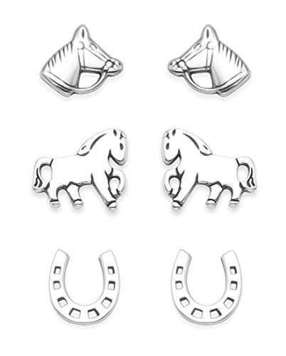 Juego de 3 pares de pendientes de plata de ley – Tamaño: 8 mm, pendientes de caballo de plata en caja de regalo, pendientes de herradura y cabeza de caballo. 5024SET
