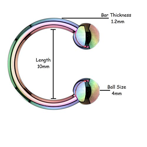 Juego de 6 piercings tipo barbell con forma de herradura circular, colores surtidos, de PiercedOff. Hechos de titanio PVD, calibre 16 g (1,2 mm)
