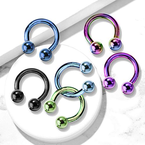 Juego de 6 piercings tipo barbell con forma de herradura circular, colores surtidos, de PiercedOff. Hechos de titanio PVD, calibre 16 g (1,2 mm)