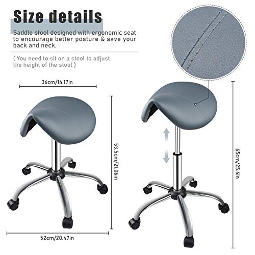 Kalolary Taburete de sillín gris, sillón giratorio ajustable, asiento giratorio de cuero de PVC para salón de belleza, spa, oficina