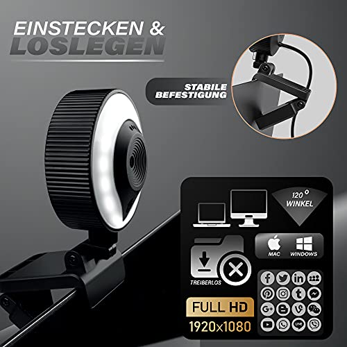 KardTec | Webcam profesional Full HD 1080p con micrófono y enfoque automático – 2K megapíxeles Streaming Cam con anillo de luz – USB PC cámara – Plug & Play + trípode