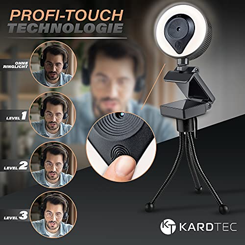 KardTec | Webcam profesional Full HD 1080p con micrófono y enfoque automático – 2K megapíxeles Streaming Cam con anillo de luz – USB PC cámara – Plug & Play + trípode