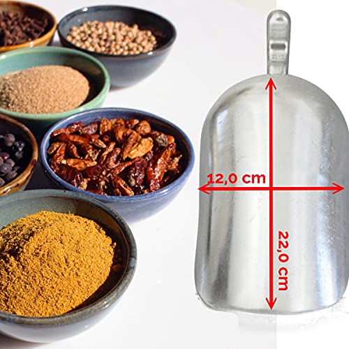 Kerafactum Práctica pala grande para harina y sacos | saco para pienso, harina y azúcar, pala de metal de aluminio fundido | Alimento para animales no se oxida, 1100 ml