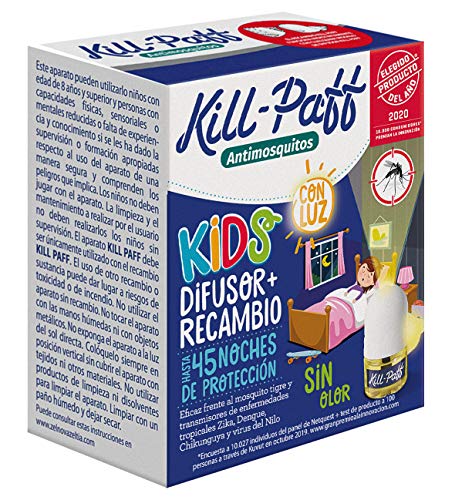 KILL-PAFF KIDS |Insecticida Eléctrico |Antimosquitos |Eficaz Contra Mosquito Tigre y Transmisores de Enfermedades Tropicales |Con Luz |Sin Olor|45 Noches de Protección |Contenido: 1 Dif + 1 Rec