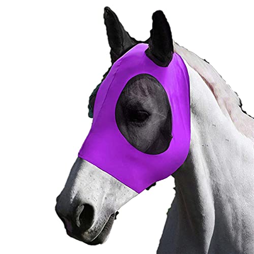 KingMSPG Máscara de caballo, máscara de caballo, máscara de caballo, con ojos de malla y orejas, protector de tela transpirable, máscara de caballo, cubierta de red para pony/caballo (morado)