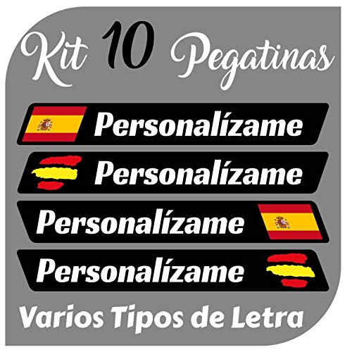 Kit x10 Pegatinas Vinilo Bandera España + tu Nombre - Bici, Casco, Pala De Padel, Monopatin, Coche, Moto, etc. Kit de 10 Vinilos (Font Pack 2)