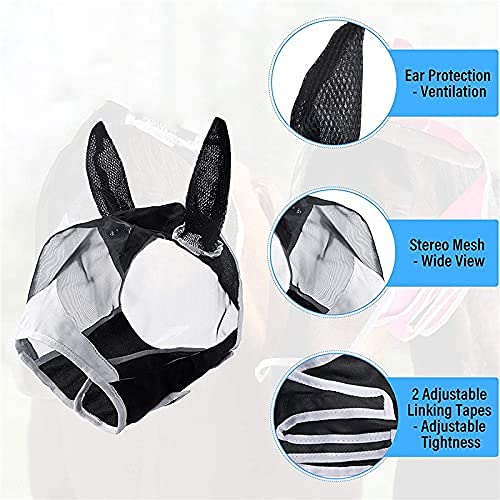 LACKINGONE Máscara de Malla de Cabeza para Caballos Antimoscas Máscara de Caballo Protección con Orejas de Caballo Dos Colores (Negro)