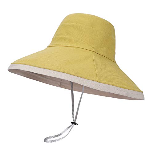 LACOFIA Sombreros de Sol para Mujer de ala Ancha Gorra de Playa para Mujer Viseras de Verano Plegables para Exteriores con Cuerda a Prueba de Viento Giallo