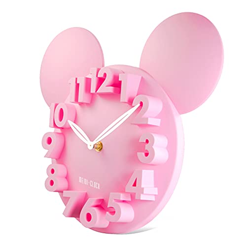 Lafocuse 32x28cm Reloj de Pared Mouse Rosa Infantil Silencioso Niños Habitacion Moderno 3D Números Reloj de Cuarzo Escuela Primaria Dormitorio