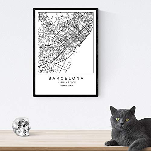 Lámina mapa de la ciudad Barcelona estilo nordico en blanco y negro. Poster tamaño A3 Sin marco Impreso papel 250 gr. Cuadros, láminas y posters para salon y dormitorio