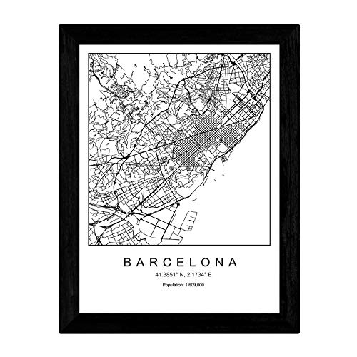 Lámina mapa de la ciudad Barcelona estilo nordico en blanco y negro. Poster tamaño A3 Sin marco Impreso papel 250 gr. Cuadros, láminas y posters para salon y dormitorio