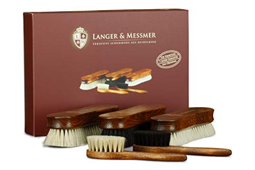 Langer & Messmer kit de 5 cepillos para zapatos Premium | Cepillos lustradores de crin de caballo y de cabra, cantidad màs densa de cabellos para el cuidado del calzado