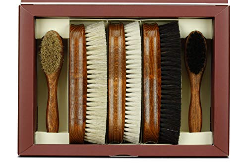 Langer & Messmer kit de 5 cepillos para zapatos Premium | Cepillos lustradores de crin de caballo y de cabra, cantidad màs densa de cabellos para el cuidado del calzado