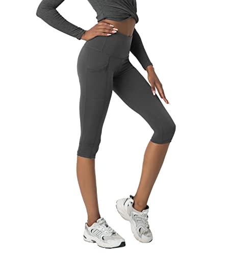 LAPASA Pantalones Leggings 3/4 Capris Mujer Mallas Deportivas con Bolsillo Leggins de Deporte para Yoga Cintura Alta L02B1 M Gris Oscuro