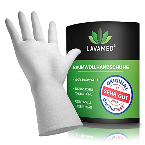 LAVAMED Dermatest: guantes de algodón de muy buena calidad, guantes de algodón extrasuaves, 100 % algodón, guantes de punto, guantes de hilo blanco, guantes cosméticos prémium (3 pares, M)