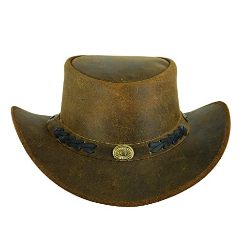 Leatherick Sombrero de cuero australiano banda trenzada y cuero de concho Sombrero de vaquero clásico Sombrero de arbusto australiano (XL, Marrón con Trenza)