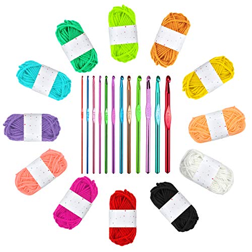 Ledeak 12 Colores Lanas para Tejer Ovillos con Multicolor Ganchillo Crochet Hook Hecho de Aluminio Aguja de Tejer Set Tejido Artesanía Suministros para Principiantes DIY y Tejer a Mano