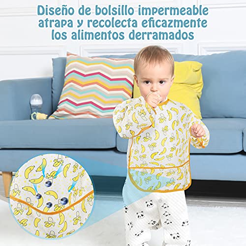 Lictin Baberos Bebe Impermeables-5 Piezas de Babero con Mangas Impermeable，Diseño de Escote Ajustable, Varios Patrones de Color Baberos Bebes, Apto para comer, beber y jugar del bebé. ( 0-24 Meses)