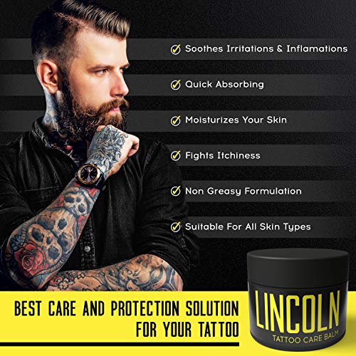 LINCOLN Bálsamo para Tatuajes - Tattoo Balm, Calma Irritaciones e Hidrata la Piel - Eficaz Crema Tatuajes Post Tattoo con Manteca de Karité y Manteca de Cacao - Crema para Tatuajes 100% Natural, 100g