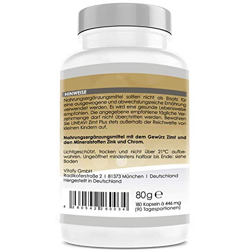 LINEAVI Canela Plus, 400 mg de canela, 7 mg de zinc, 100 µg de cromo al día, nivel de glucosa en la sangre, metabolismo, pérdida de peso, piel, cabello, fabricado en Alemania, 180 cápsulas