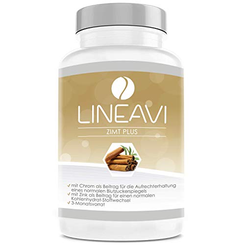 LINEAVI Canela Plus, 400 mg de canela, 7 mg de zinc, 100 µg de cromo al día, nivel de glucosa en la sangre, metabolismo, pérdida de peso, piel, cabello, fabricado en Alemania, 180 cápsulas