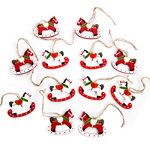 Logbuch-Verlag 12 pequeños colgantes de Navidad, diseño de caballo balancín, color rojo, blanco y verde