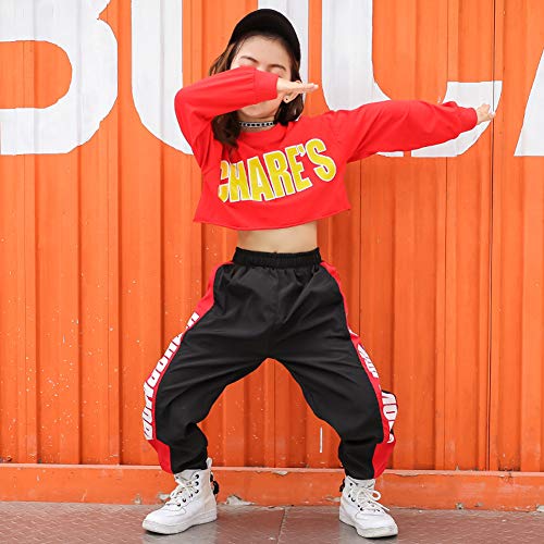 LOLANTA Ropa de Hip Hop para niñas Trajes de Baile Callejero para niños Sudadera Recortada, pantalón de Rayas Laterales, Conjunto de chándal (Rojo, 6-7 años)