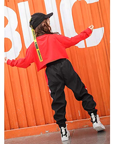 LOLANTA Ropa de Hip Hop para niñas Trajes de Baile Callejero para niños Sudadera Recortada, pantalón de Rayas Laterales, Conjunto de chándal (Rojo, 6-7 años)