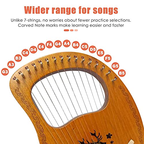 LWKBE Lyre Harp, 19 Cuerdas de Metal, Silla de Montar de Arce, Cuerpo de Caoba, Arpa de Lyra con Llave, Arpa Hecha a Mano